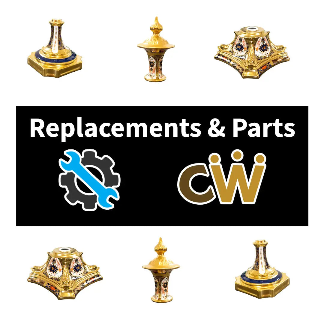 Replacements & Parts Sign with Charterwells Logo and Repairs Icon - With a Royal Crown Derby Candlestick in the background
