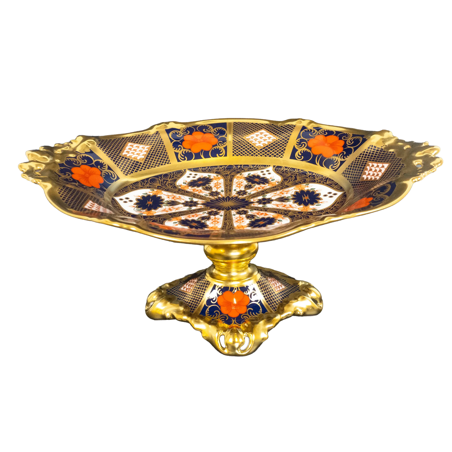 Decorative tray with gold, blue, and orange patterns on a white background