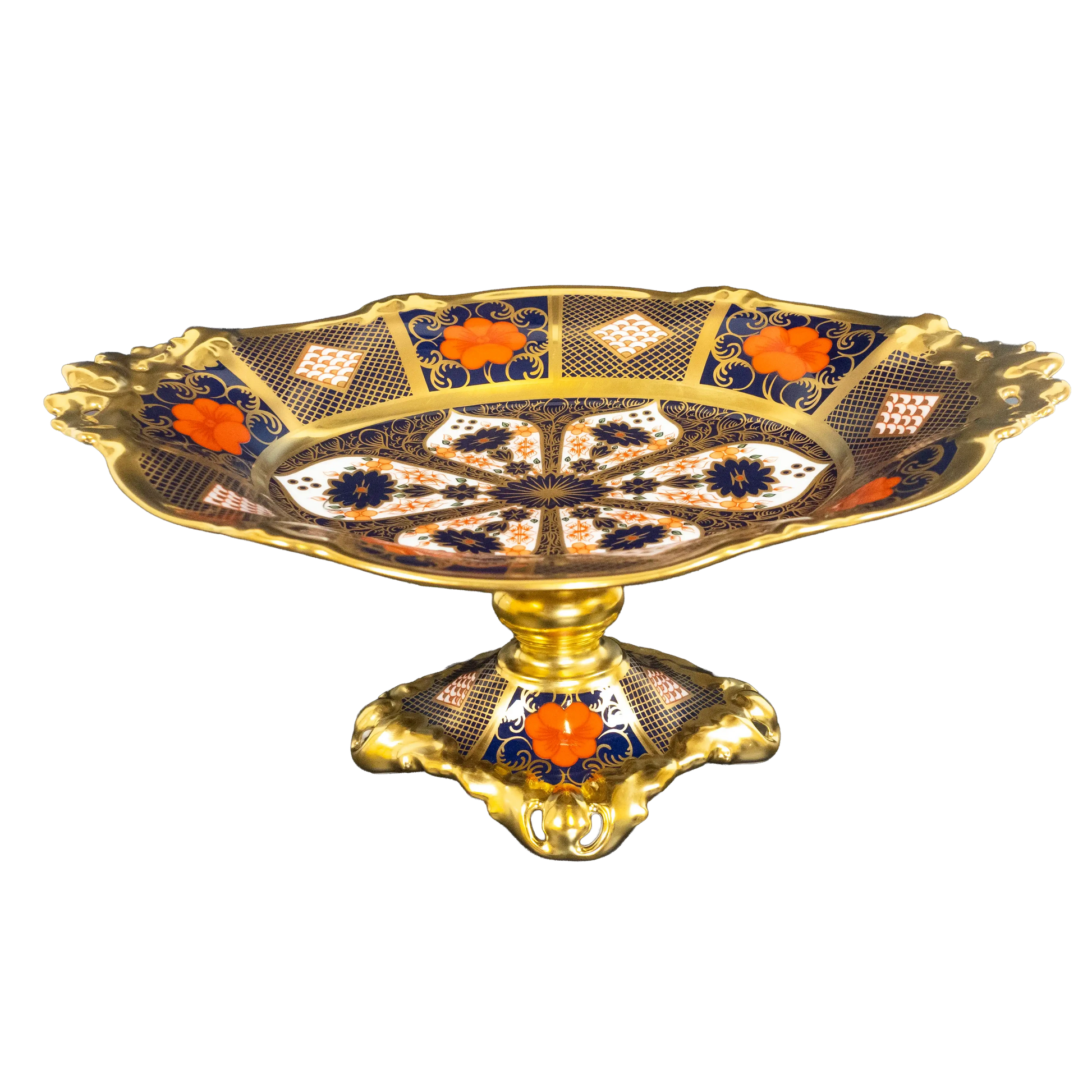 Decorative tray with gold, blue, and orange patterns on a white background