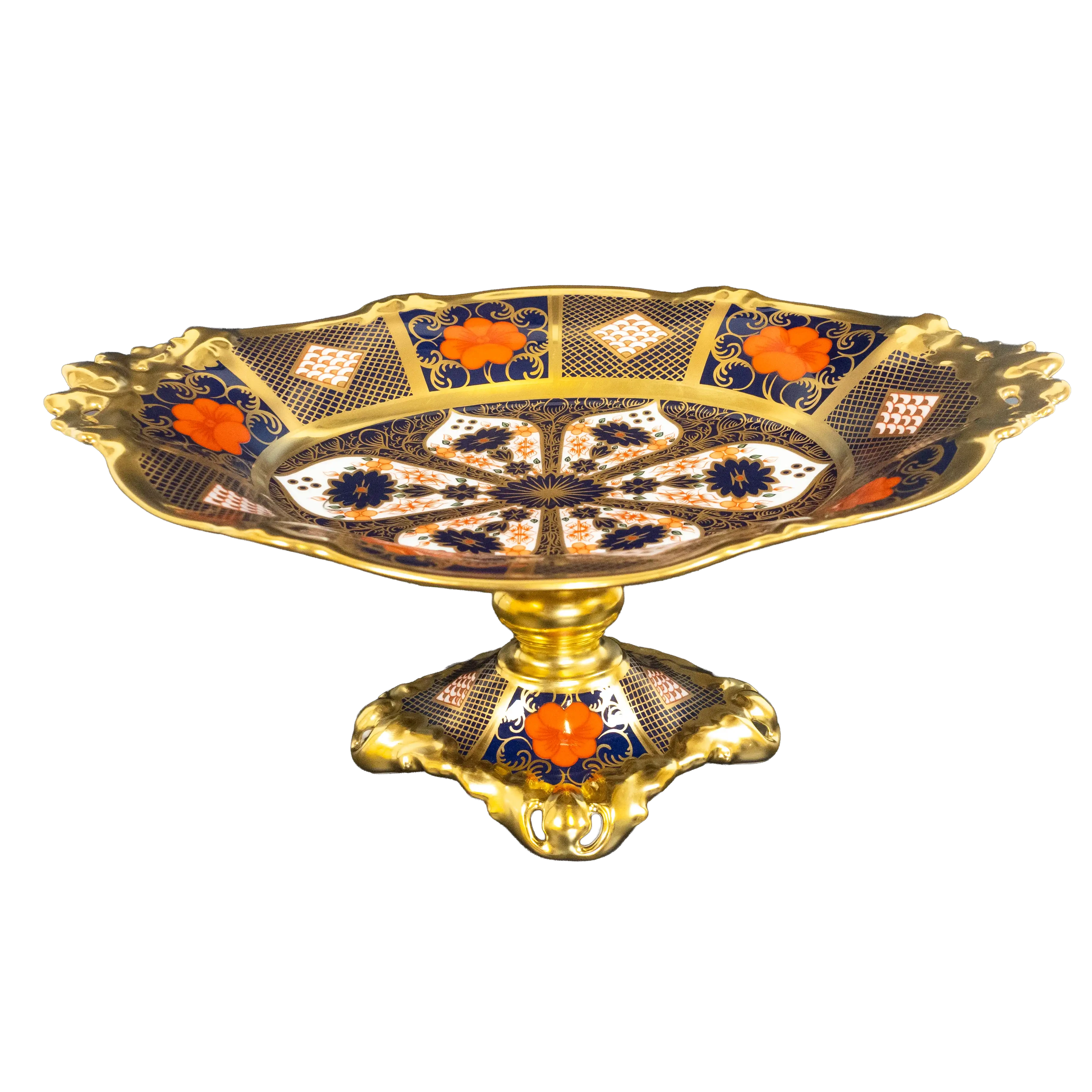 Decorative tray with gold, blue, and orange patterns on a white background