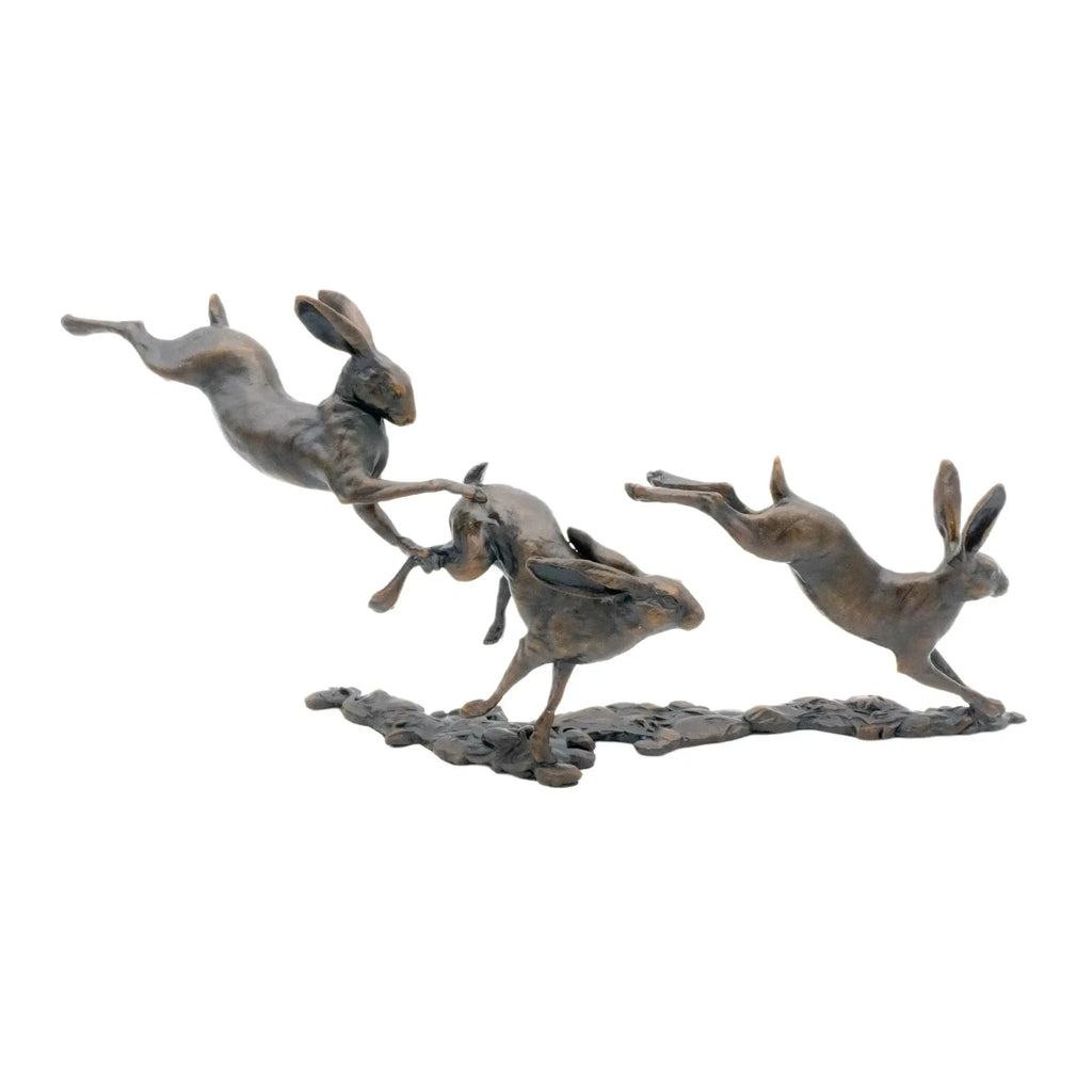 Richard Cooper Bronze Small Hares Playing Figurine Wildlife Sculpture Charterwells