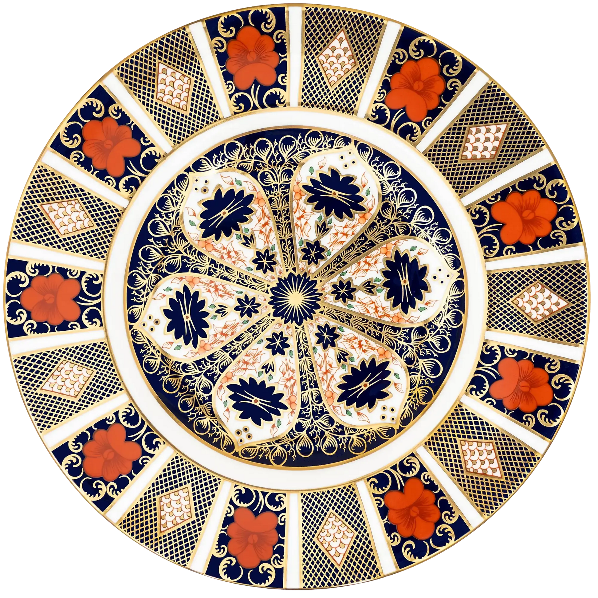A round decorative plate with an intricate floral and geometric pattern in navy blue, white, gold, and rust red, set against a plain white background.
