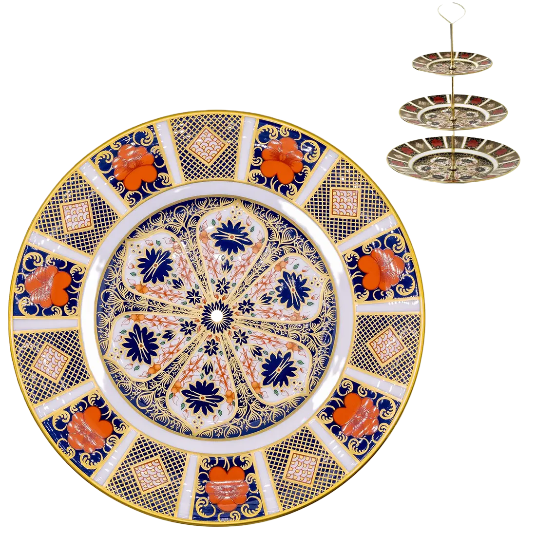 Drilled 8 " Salad Plate - Royal Crown Derby 1128 Old Imari Pattern - to be fitted on 3 tier or 2 tier cake stand.
