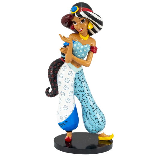 A stylized figurine of a woman in an ornate blue and white outfit with patterned details, standing on a black circular base against a plain white background.