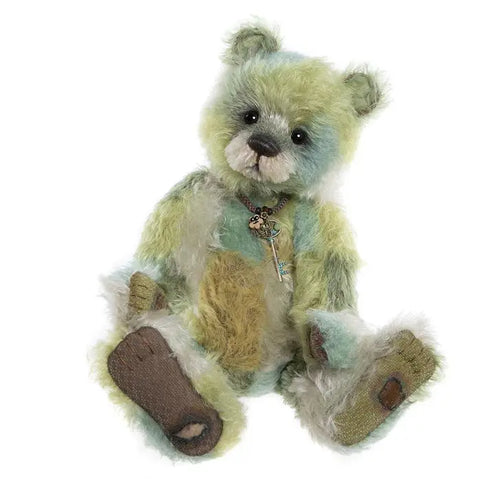 Charlie bears fingal - sitting teddy bear coloured in multiple nuances of green and brown waring a necklace with a key charm

