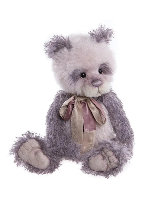 Charlie Bears Ida - purple and white panda teddy bearwearing a red and gold bow around neck.