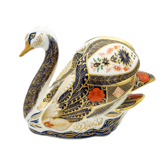 Royal Crown Derby Imari Solid Gold Band Swan Paperweight