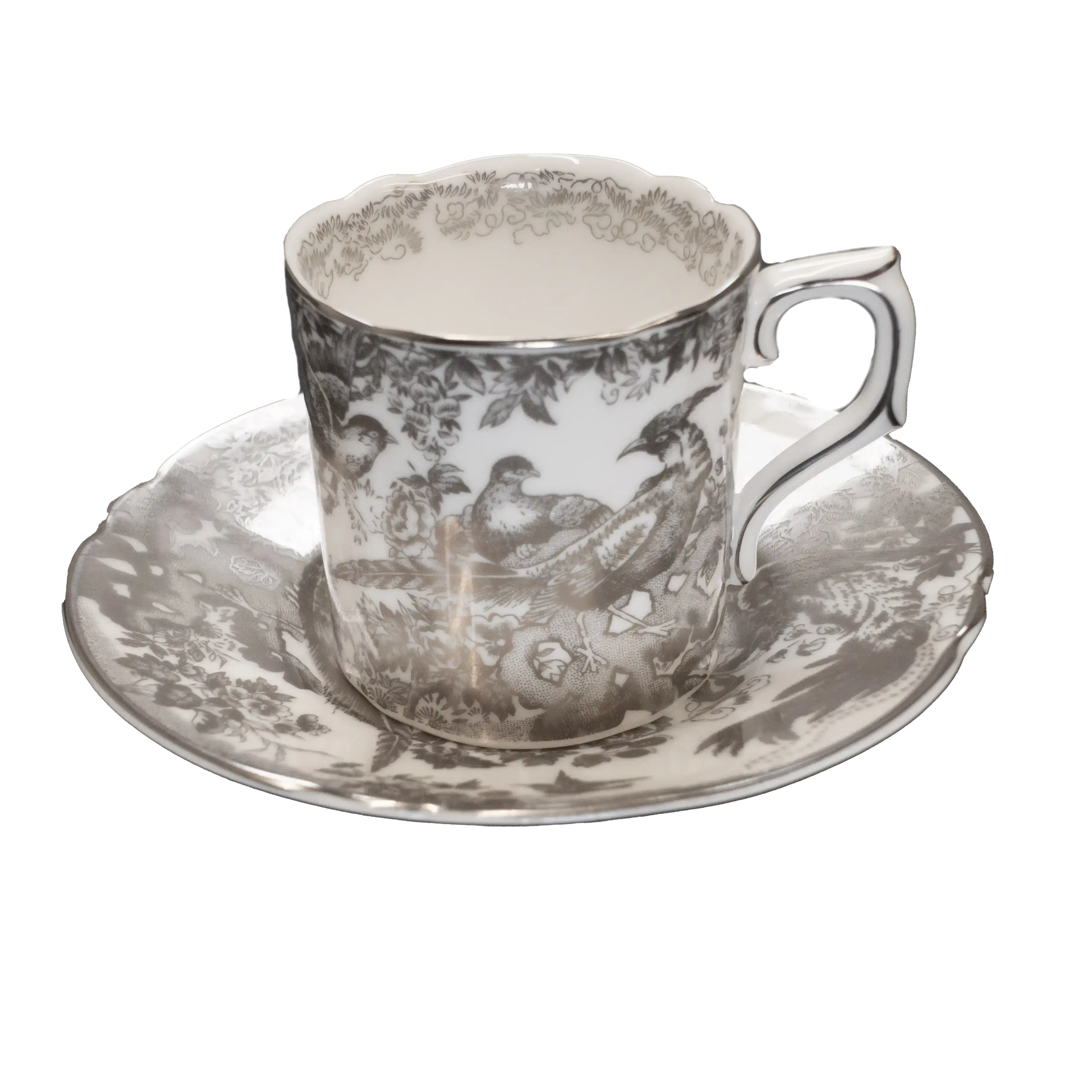 Royal Crown Derby Palladium Aves Coffee Cup & Saucer Bone China Charterwells