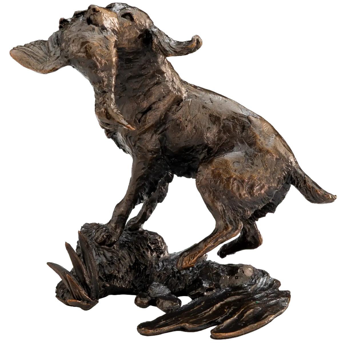 A bronze sculpture of a dog standing over a fallen animal on a textured base, shown against a plain white background.
