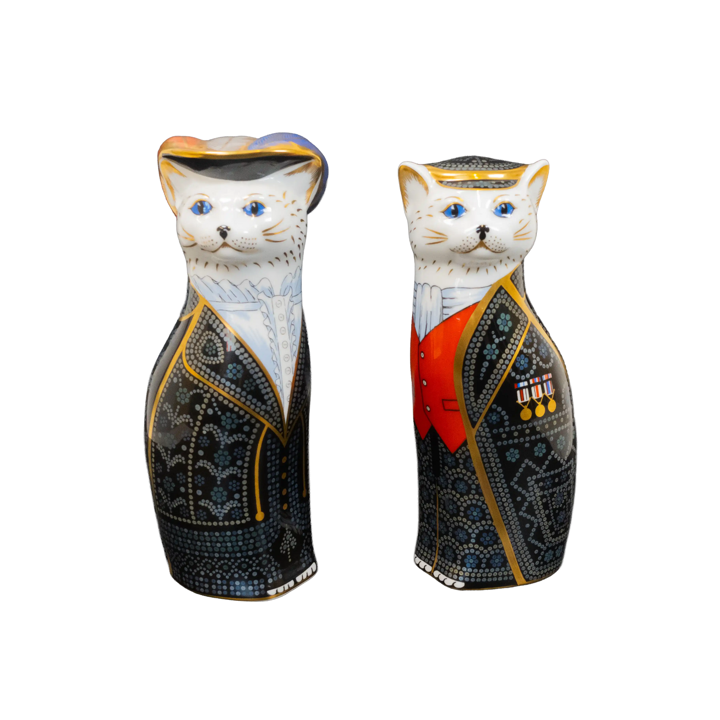 Royal Crown Derby 1st Quality Royal Cats : Pearly King & Queen Mile End Cat Paperweights Charterwells