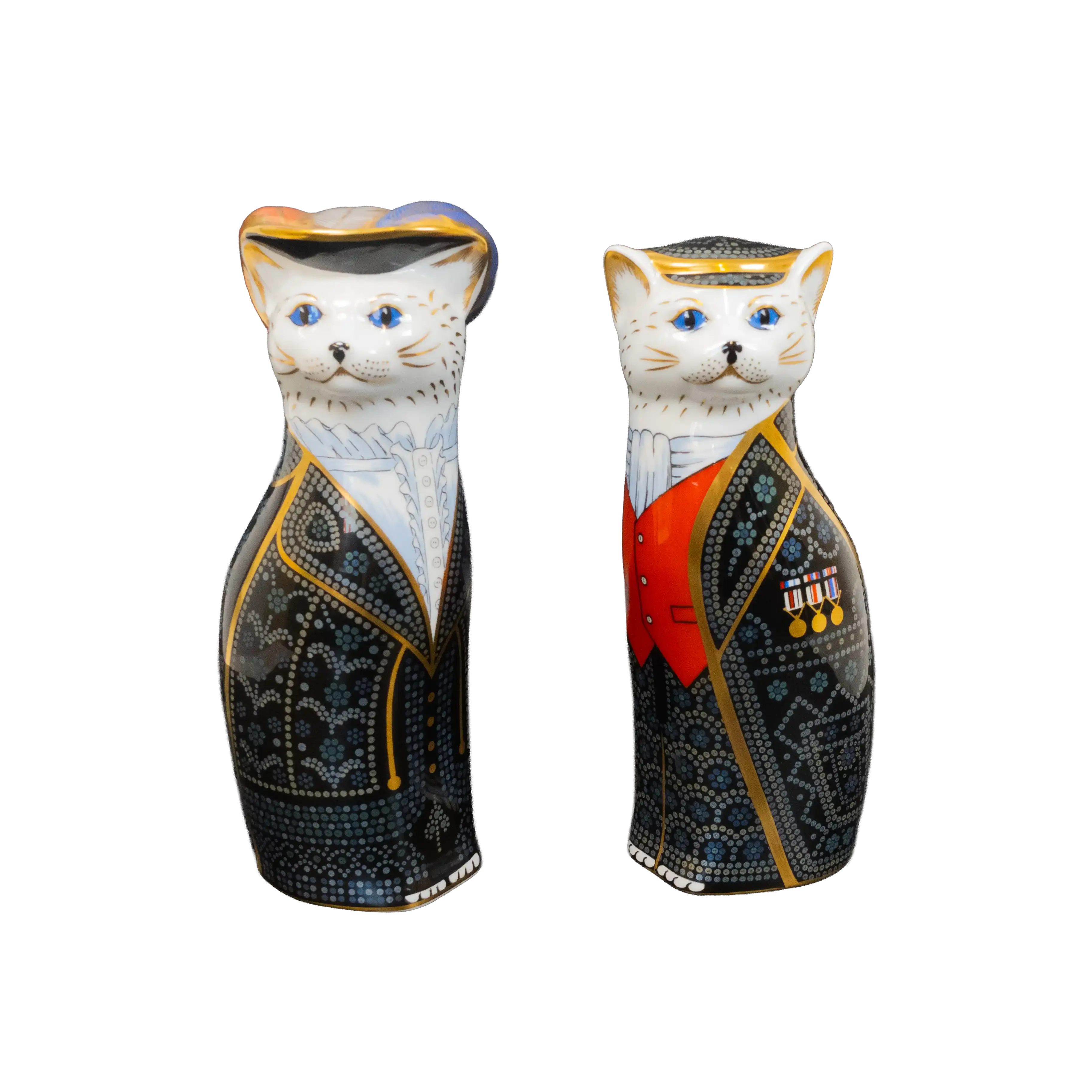 Royal Crown Derby 1st Quality Royal Cats : Pearly King & Queen Mile End Cat Paperweights Charterwells