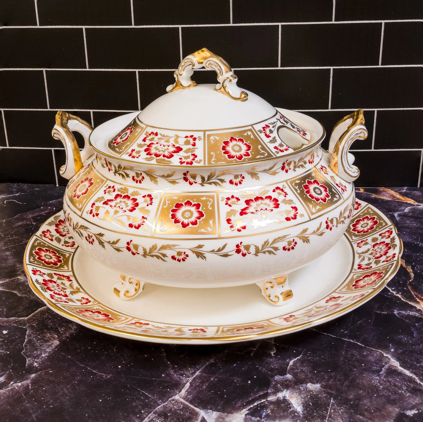 Royal Crown Derby Red Panel Soup Tureen & Stand
