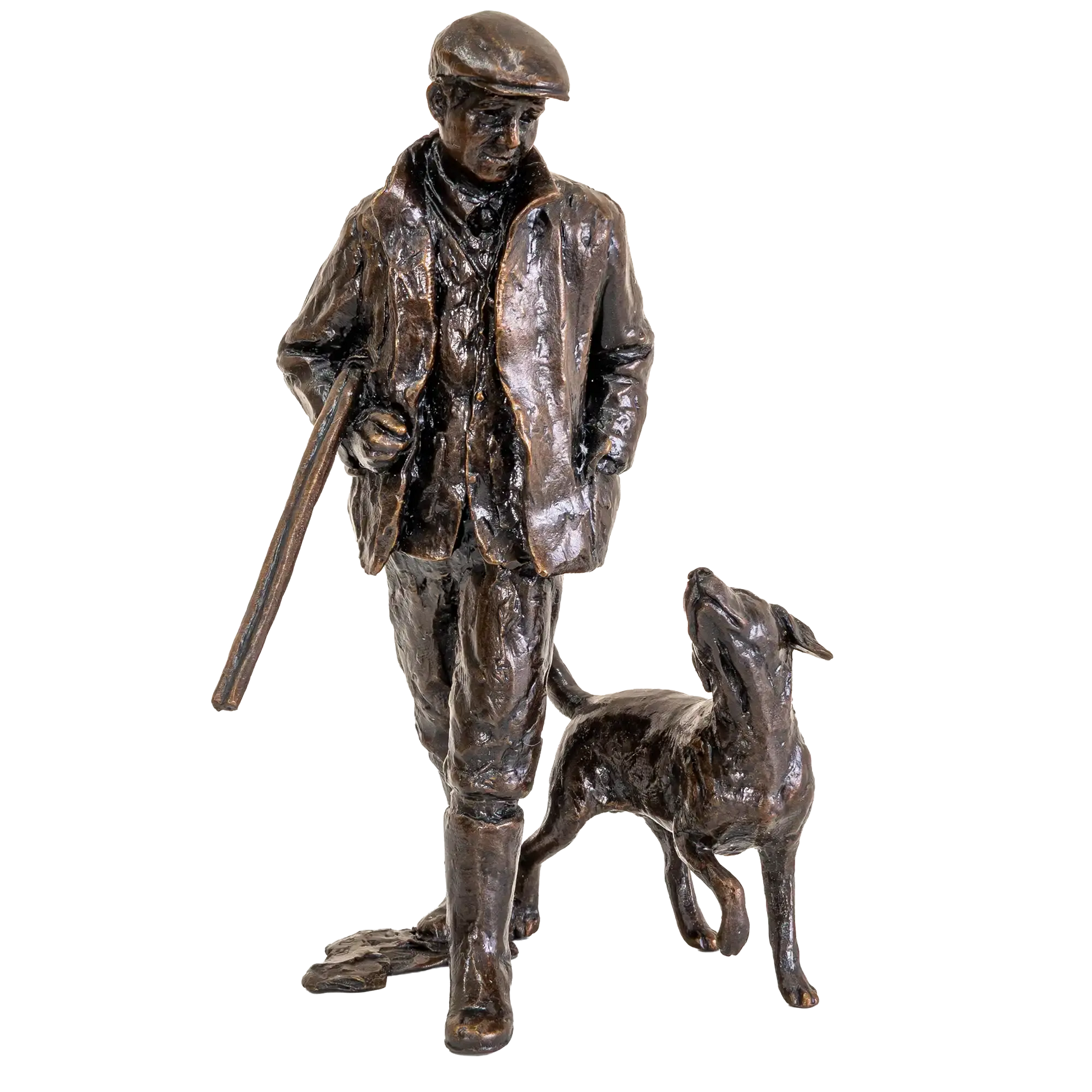 Bronze statue of a man with a dog on a white background