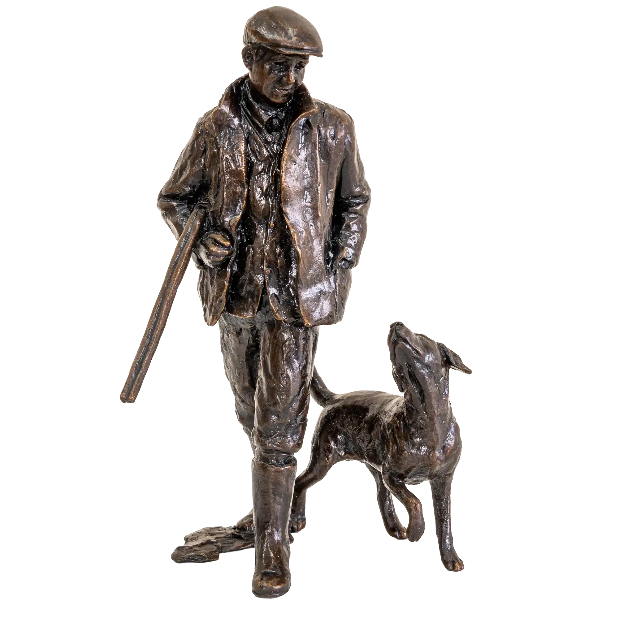 Bronze statue of a man with a dog on a white background