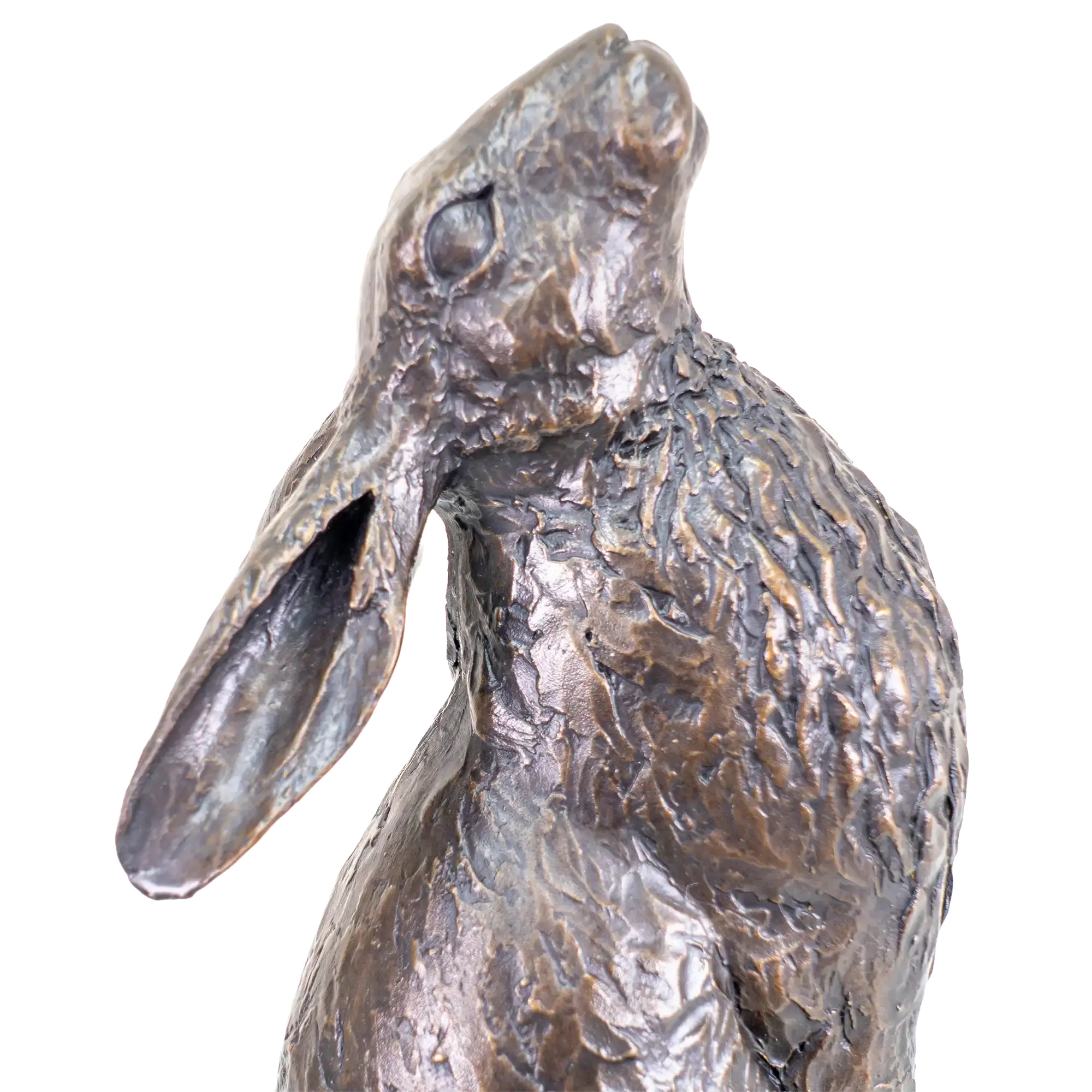 Bronze sculpture of a rabbit on a white background
