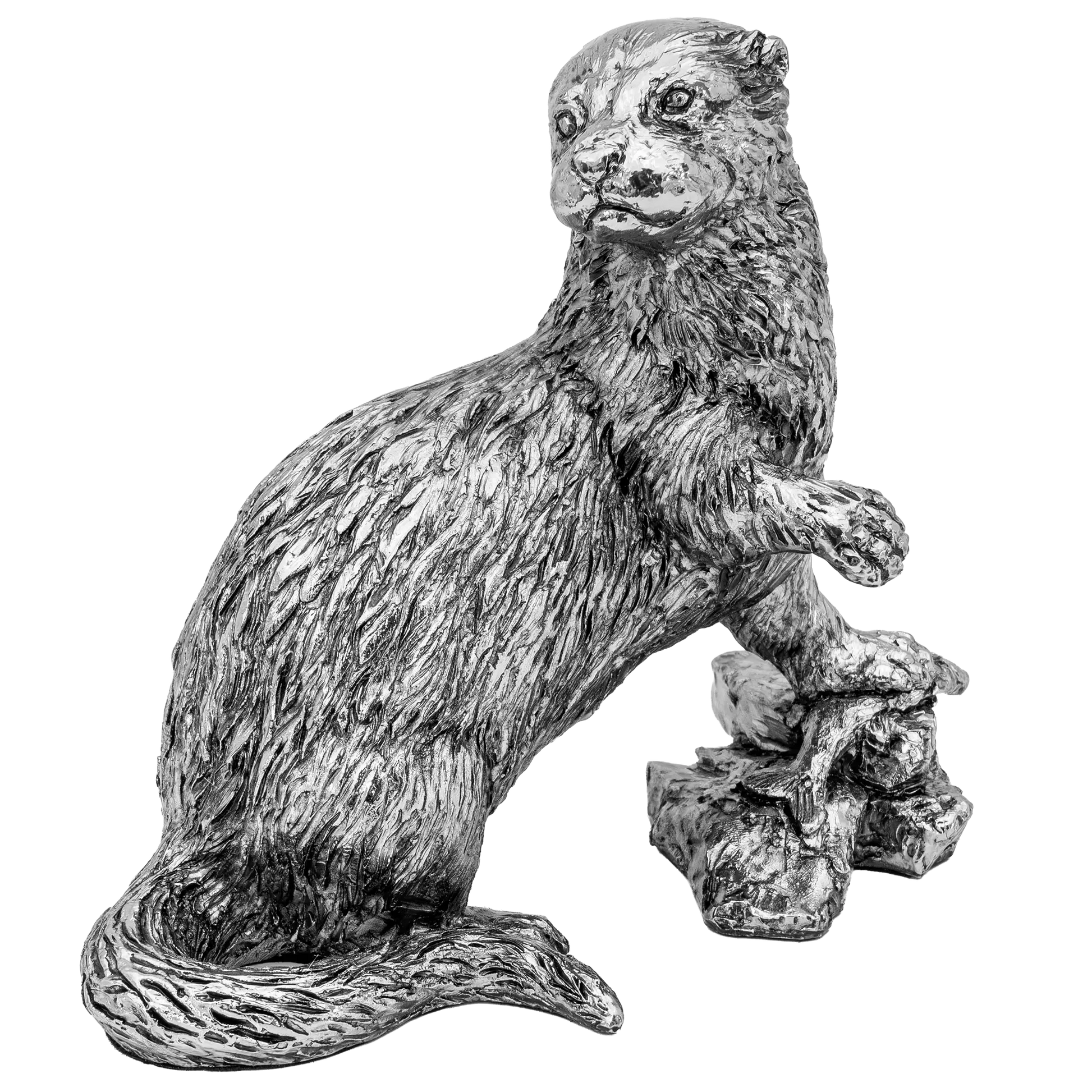 A detailed pewter or metal otter figurine sitting on a small rock, shown against a solid white background.