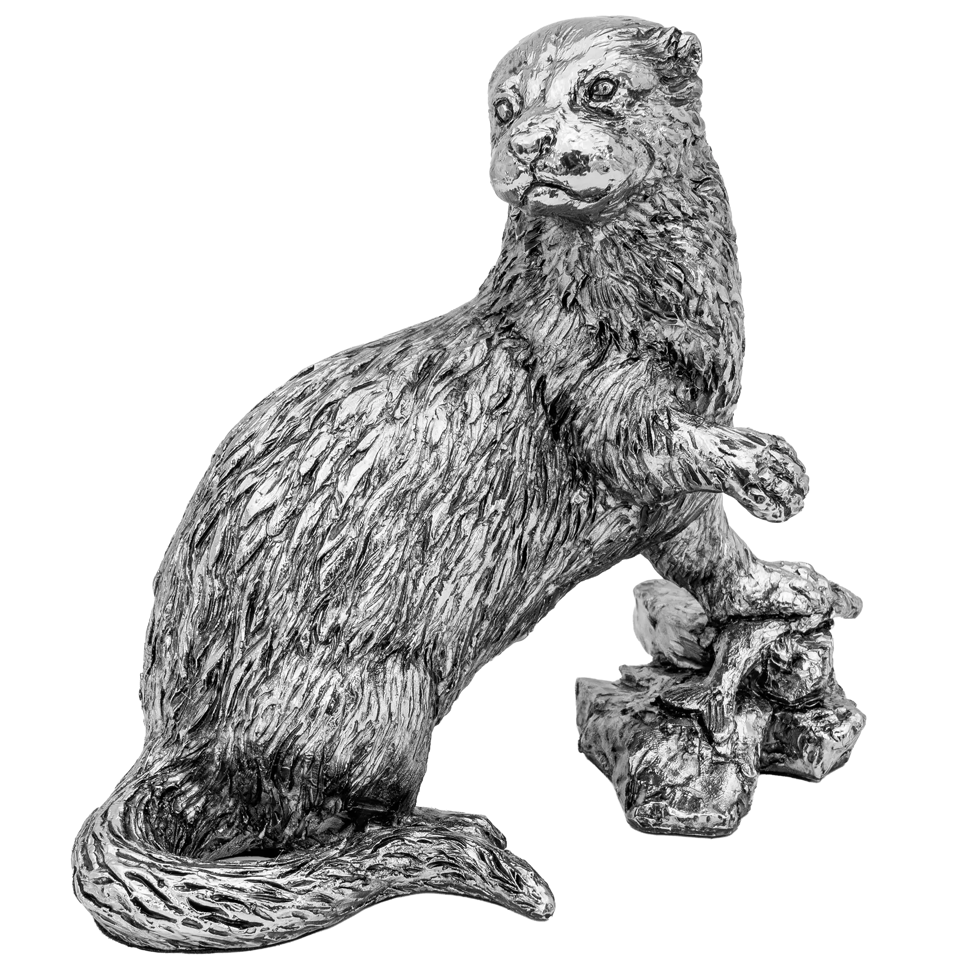 A detailed pewter or metal otter figurine sitting on a small rock, shown against a solid white background.