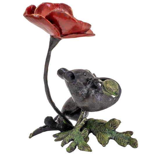 Richard Cooper Bronze Mice Collection Mouse with Poppy Figurine