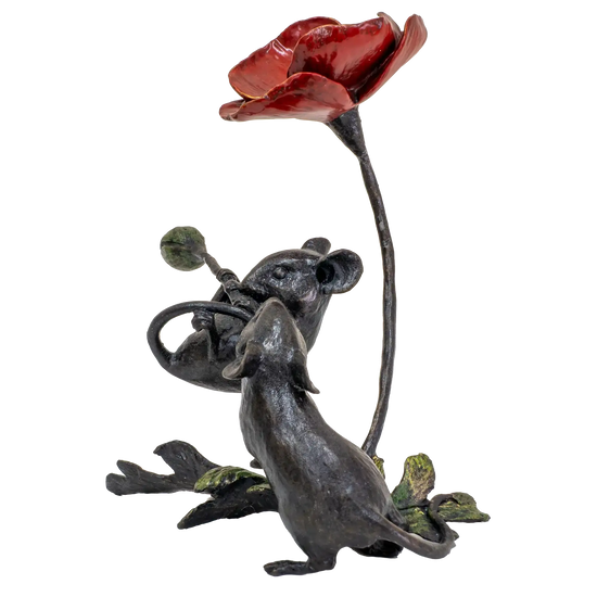 Richard Cooper Bronze Mice Collection Mouse with Poppy Figurine