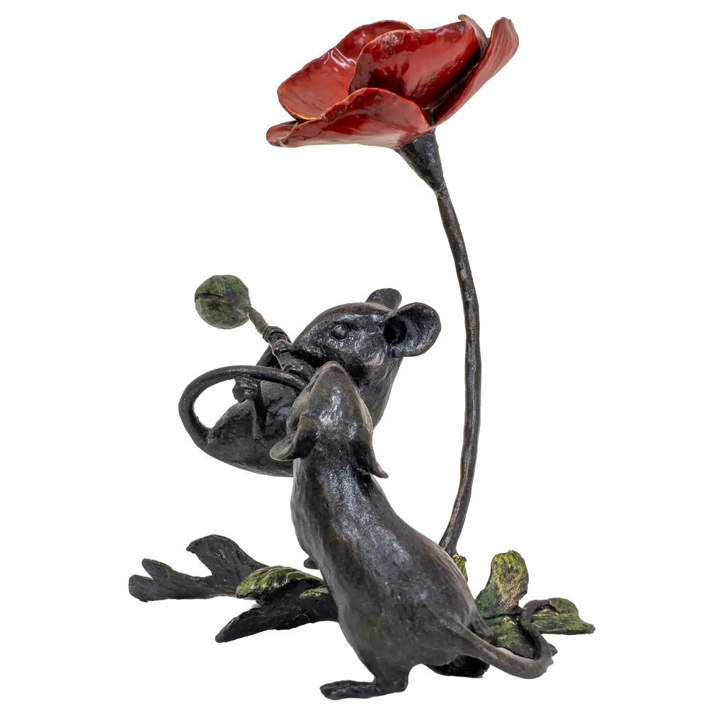Richard Cooper Bronze Mice Collection Mouse with Poppy Figurine