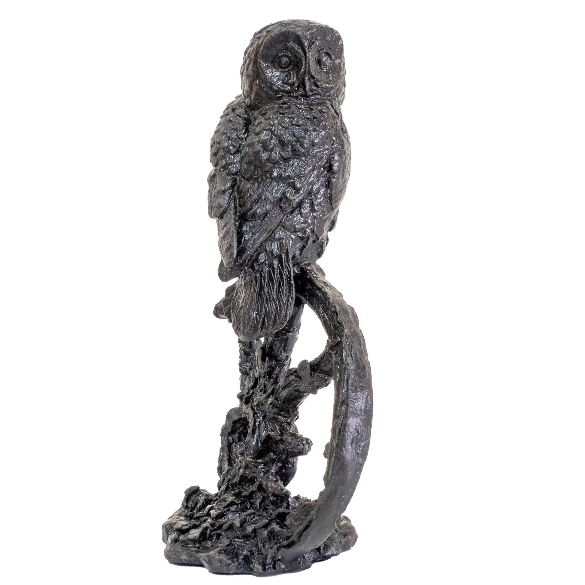Statue of an owl perched on a branch against a white background