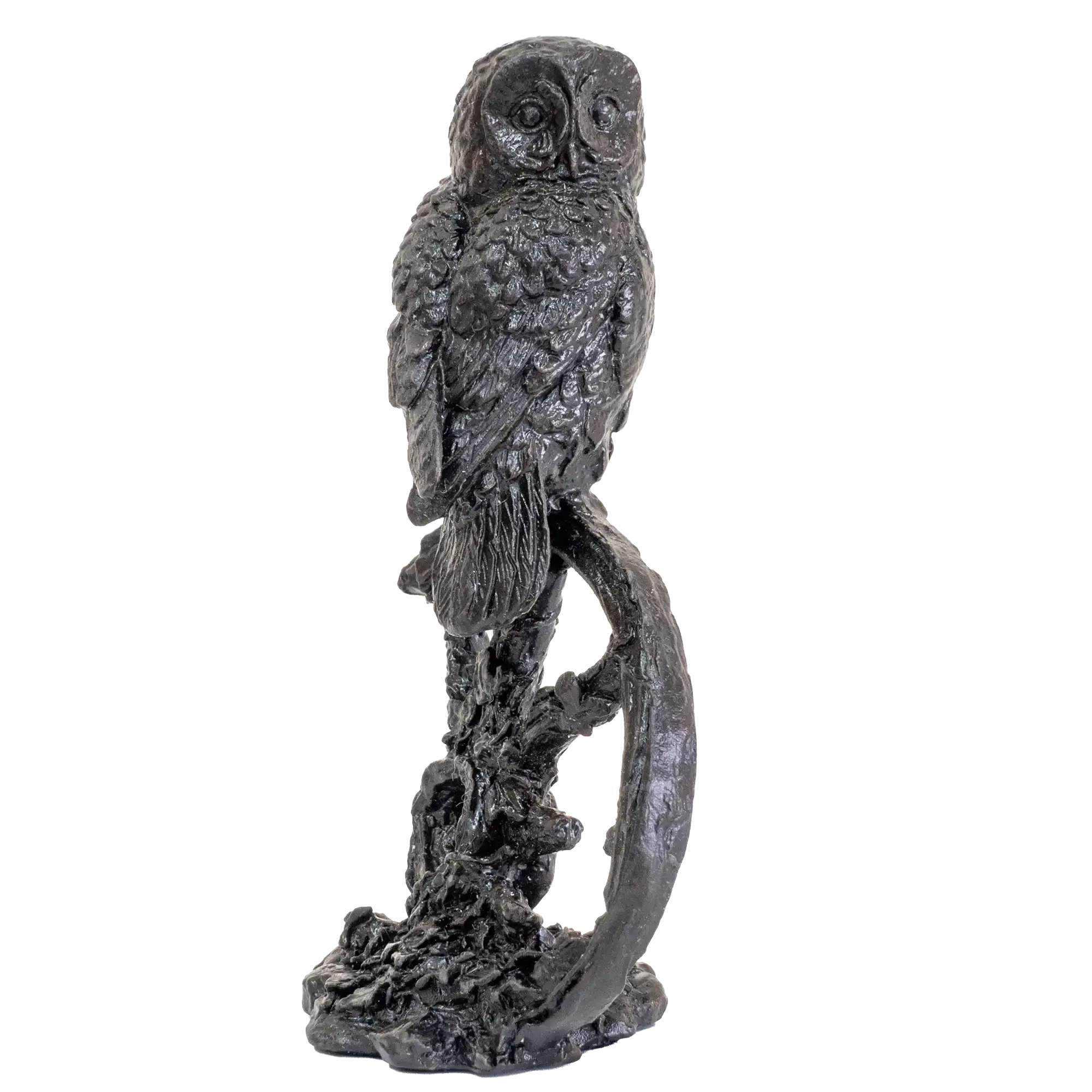 Statue of an owl perched on a branch against a white background