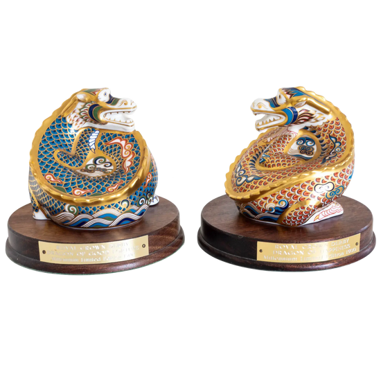 Royal Crown Derby Dragon of Good Fortune & Happiness Paperweight Set