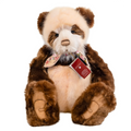 Plush panda bear with a tag on a white background