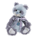 Charlie Bears Ocean - blue and purple panda teddy bear wearing a gray bow around neck with a neclace that has a blue heart charm and a pearl